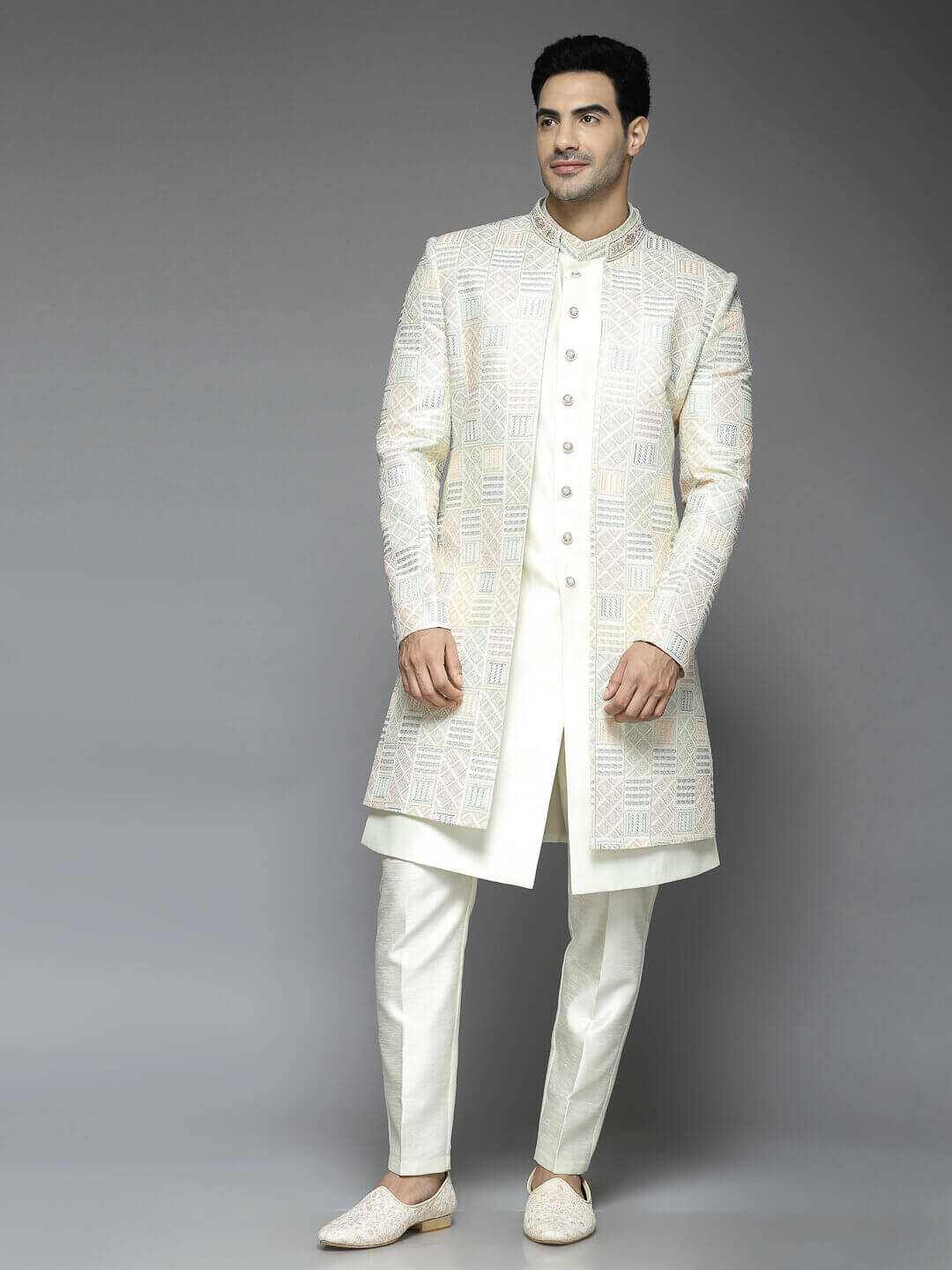 Rent White Embroidered Multi Color Sherwani CandidMen Stylish Indowestern