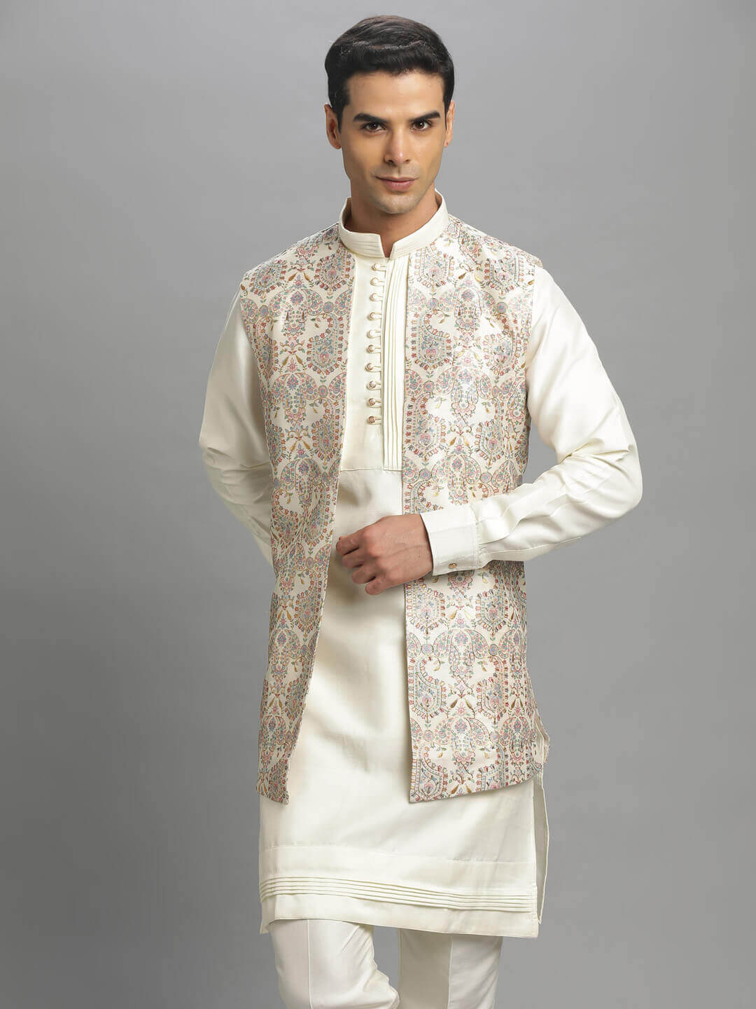 White Multi Floral Kurta Pyjama Bandi