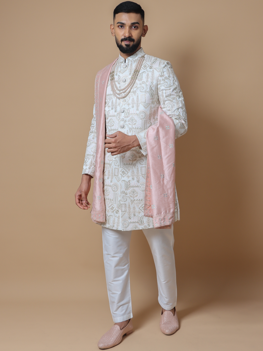 White Pink Paisley Embroidered Sherwani