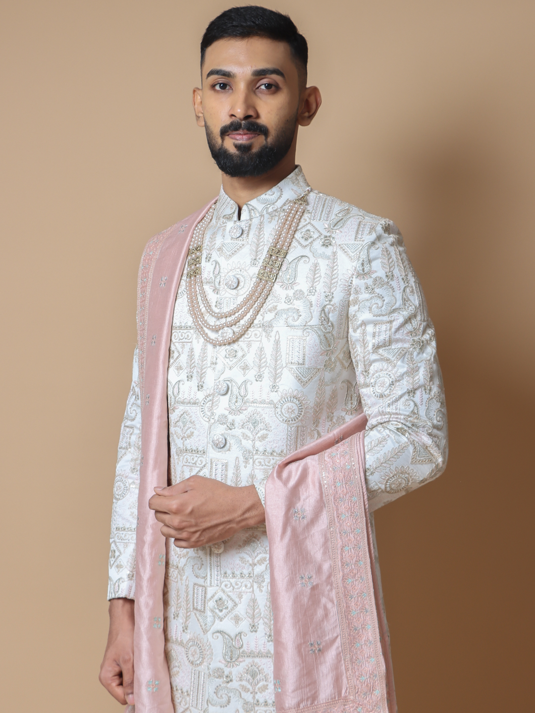 White Pink Paisley Embroidered Sherwani