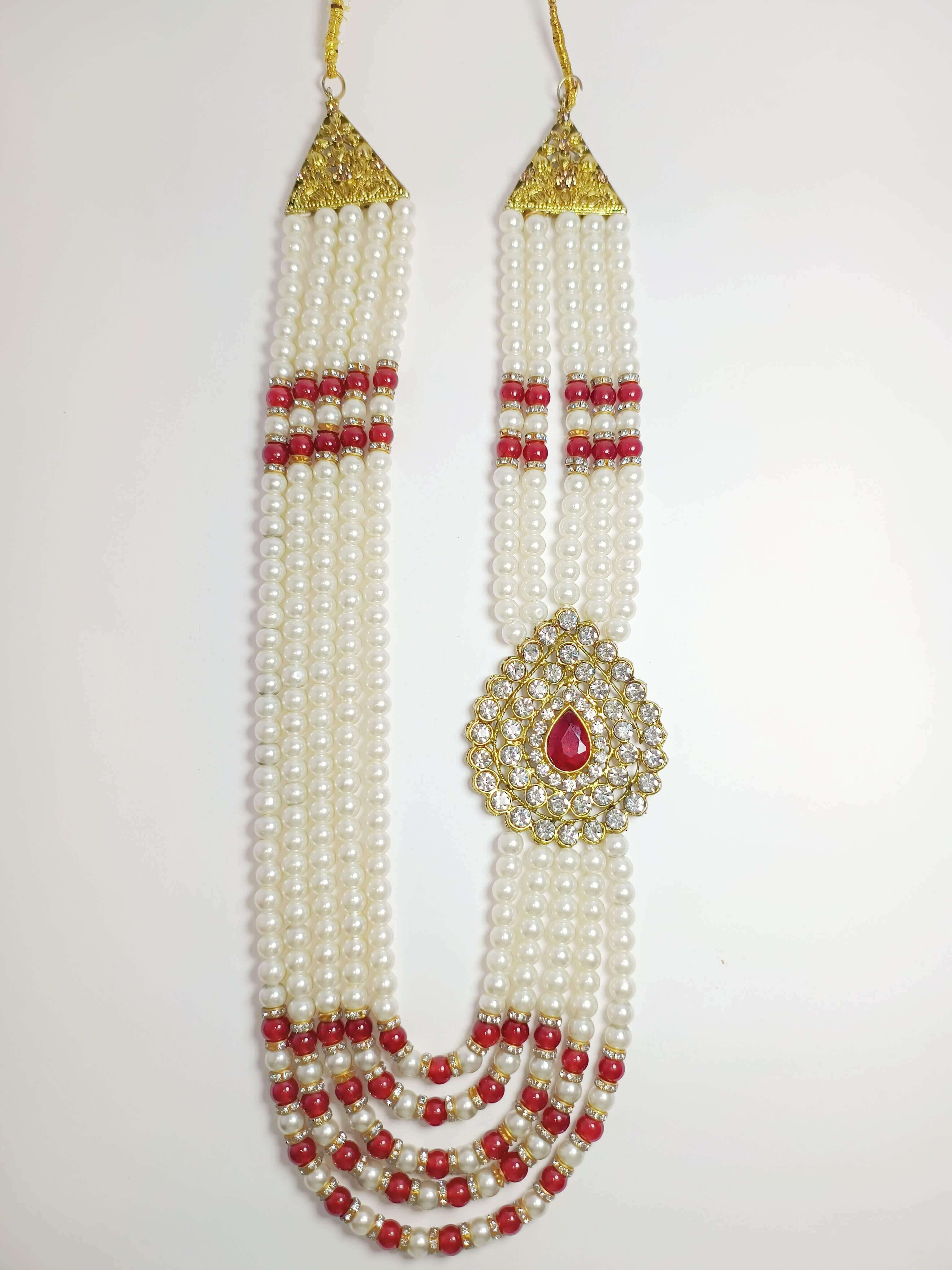 White Red Diamond Pearls Maala