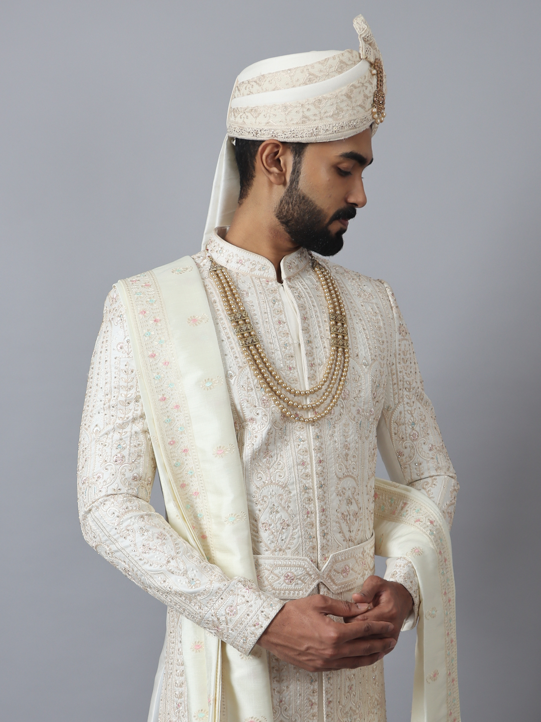 displaying image of White Royal Maharaja Embroidered Sherwani