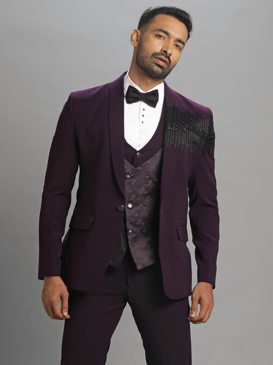 Rent Elegant Wine 3 Piece Suit Stylish Black Embroidery