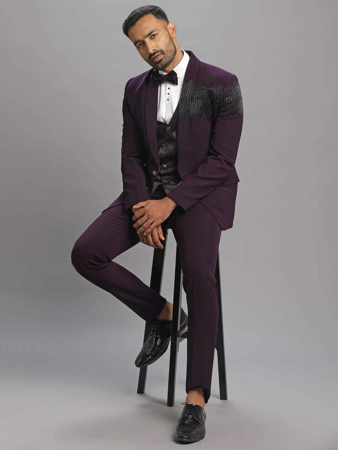 displaying image of Wine 3 Piece Suit Stylish Black Embroidery