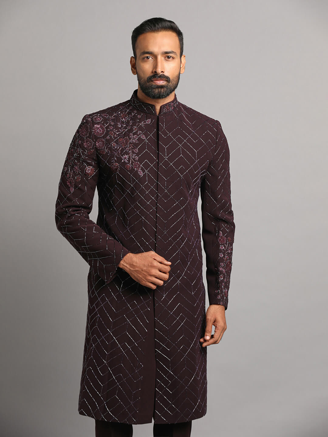 displaying image of Wine Embellished with Left Shoulder Floral Sangeet Sherwani