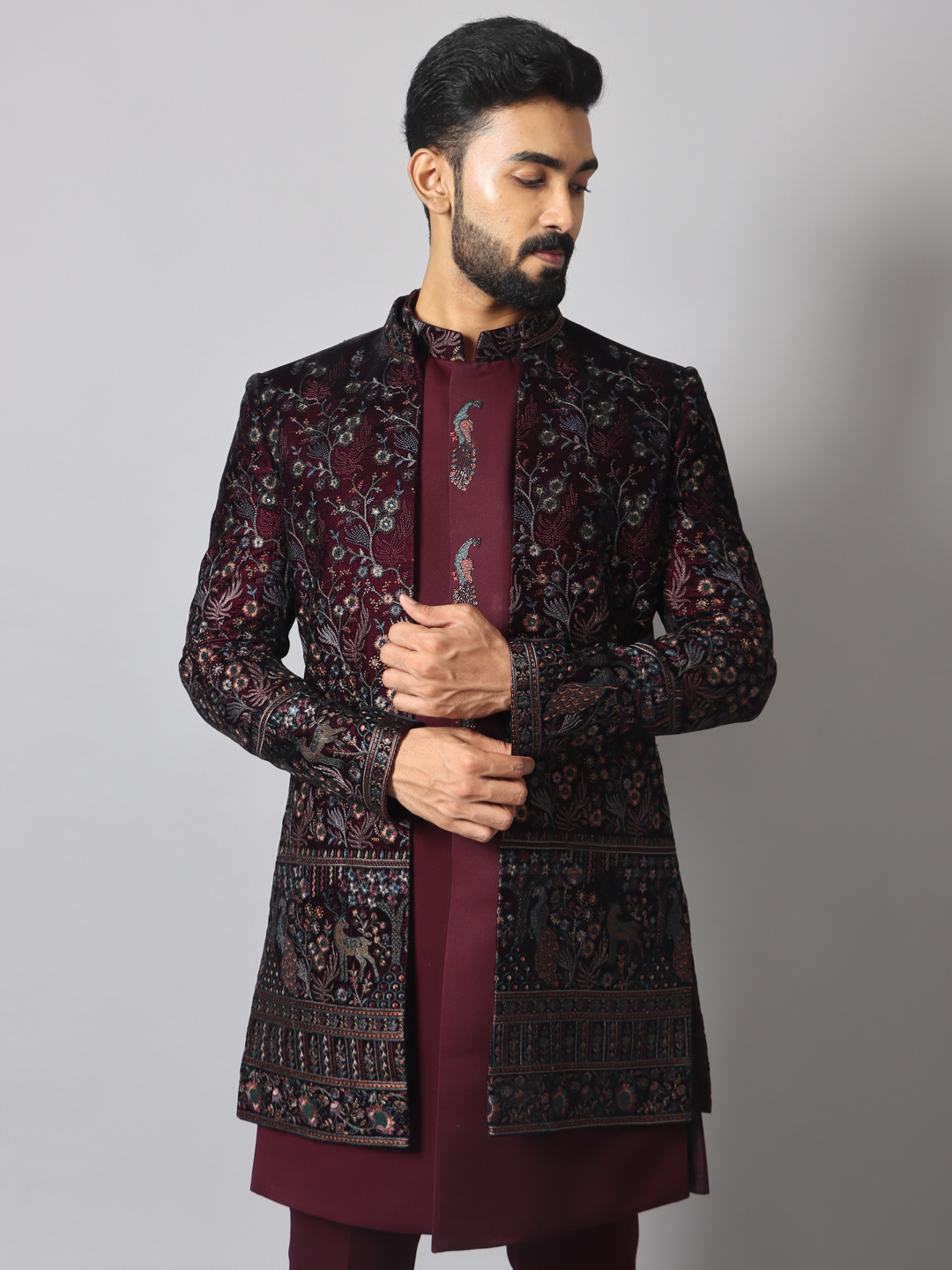 Wine Embroidered Peacock Jacket IndoWestern