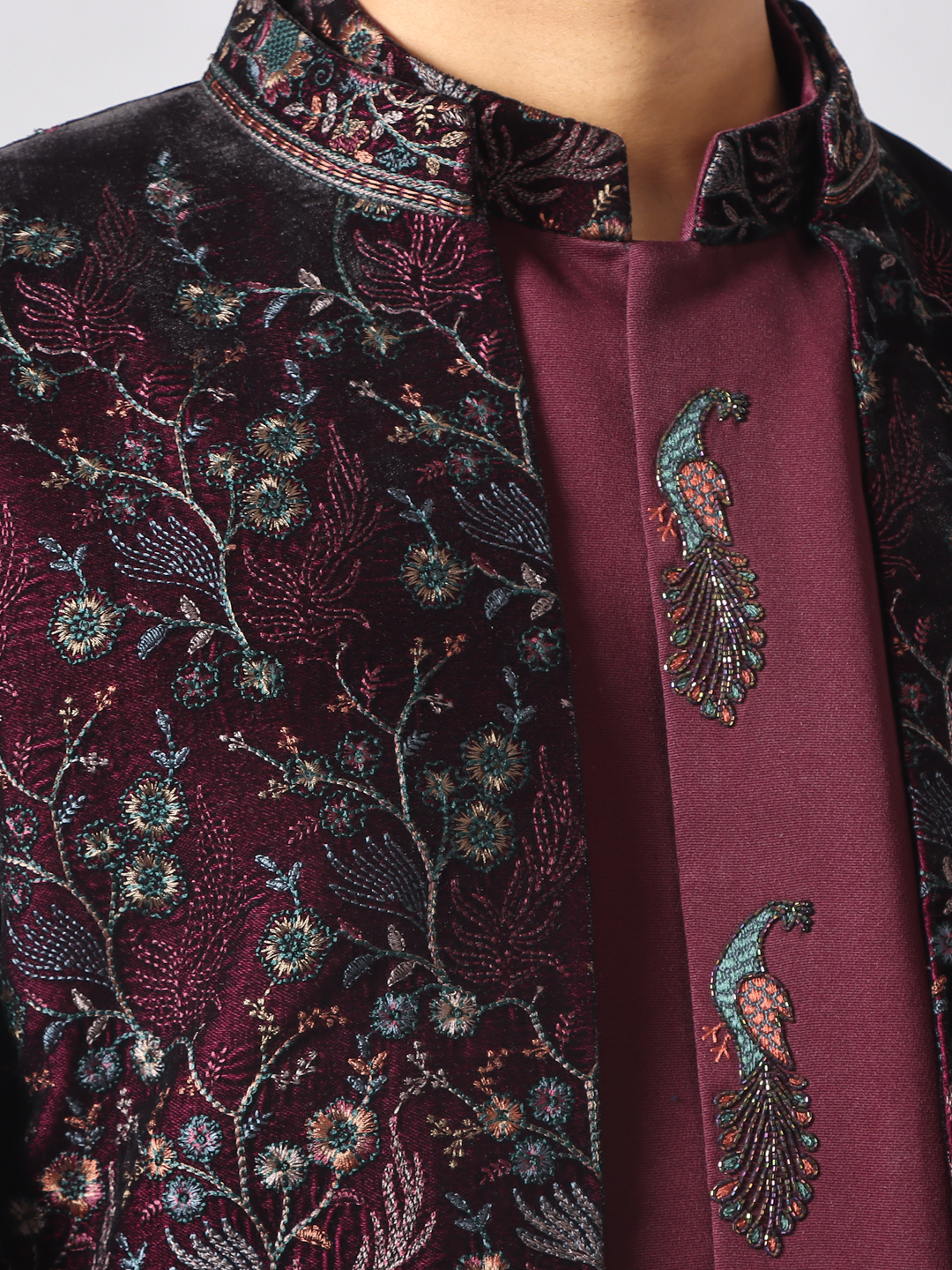 Wine Embroidered Peacock Jacket IndoWestern