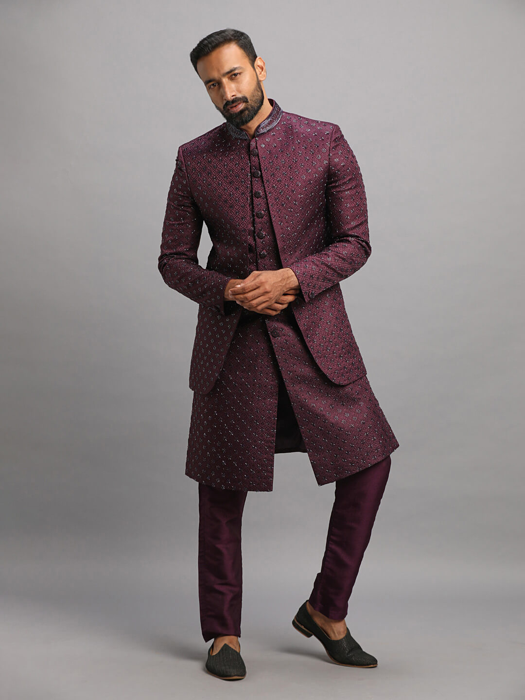 Shop Dark Pink Jacquard Silk Weaving Indowestern Sherwani Wedding Wear  Online at Best Price | Cbazaar