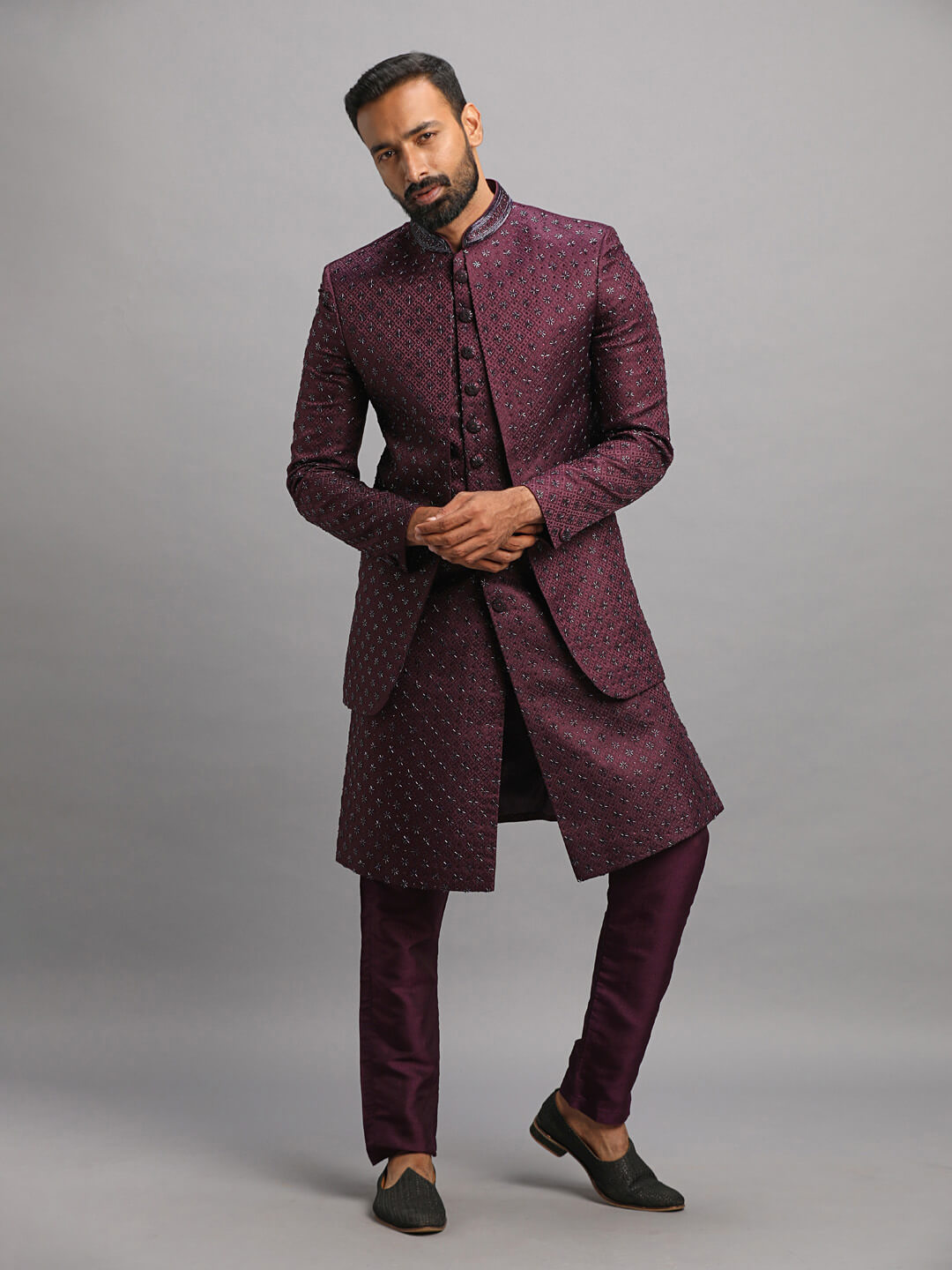 Wine Heavy Embellished Jacket Style Sherwani