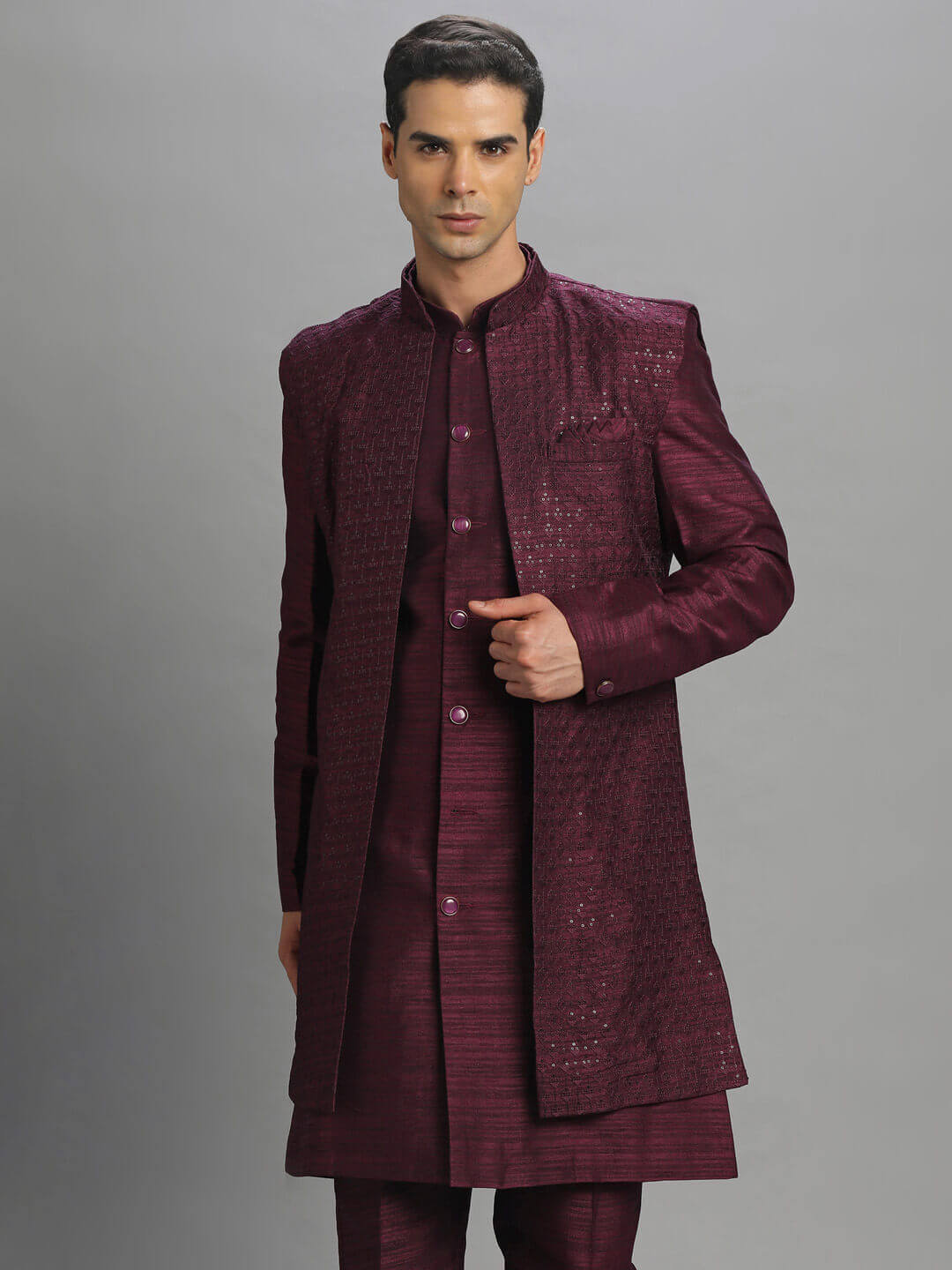 Rent Wine Kurta Pyjama Long Bandi - Elegant & Traditional Ethnic Wear ...