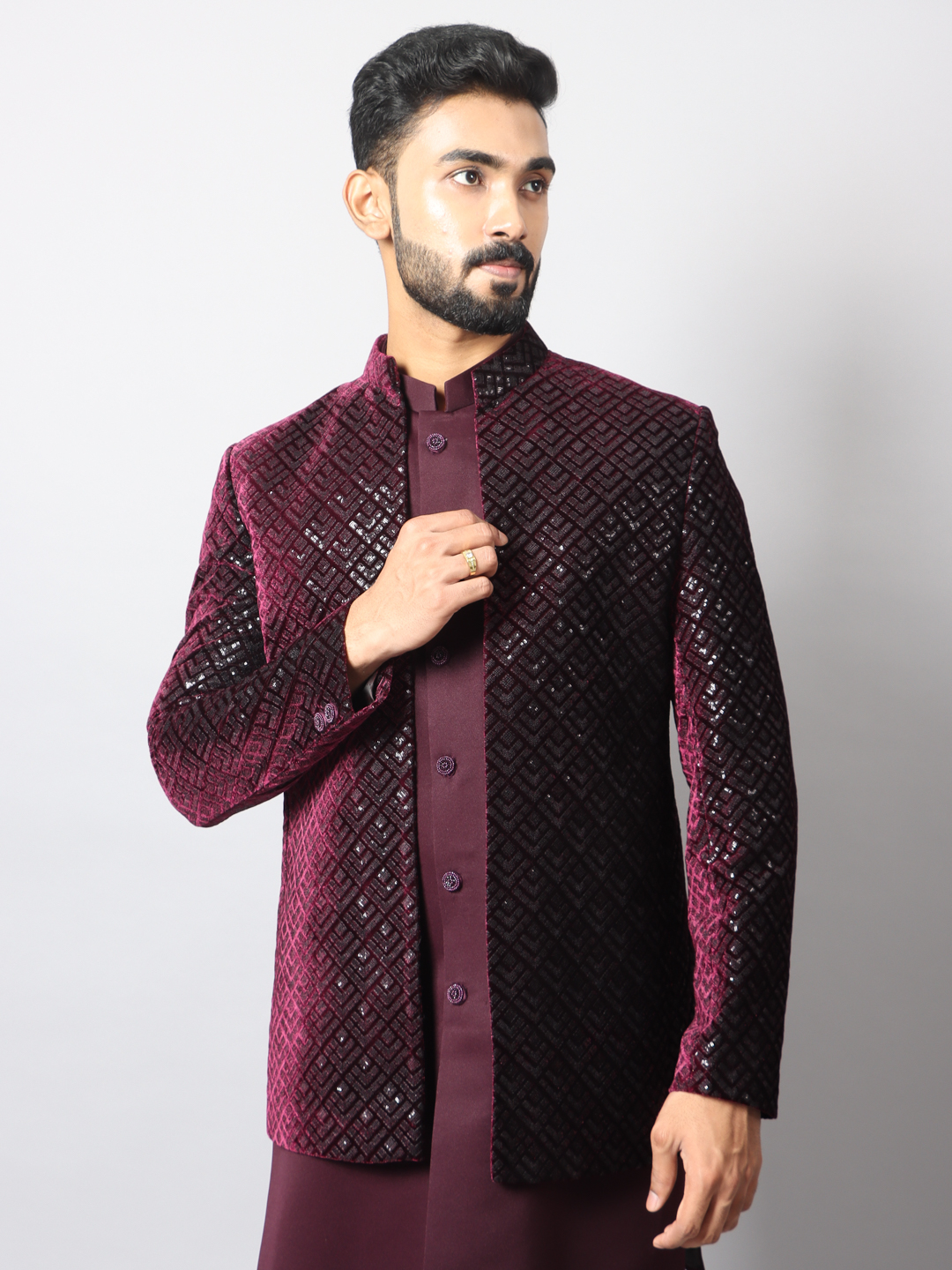 Wine Shimmer Embroidered Jacket IndoWestern