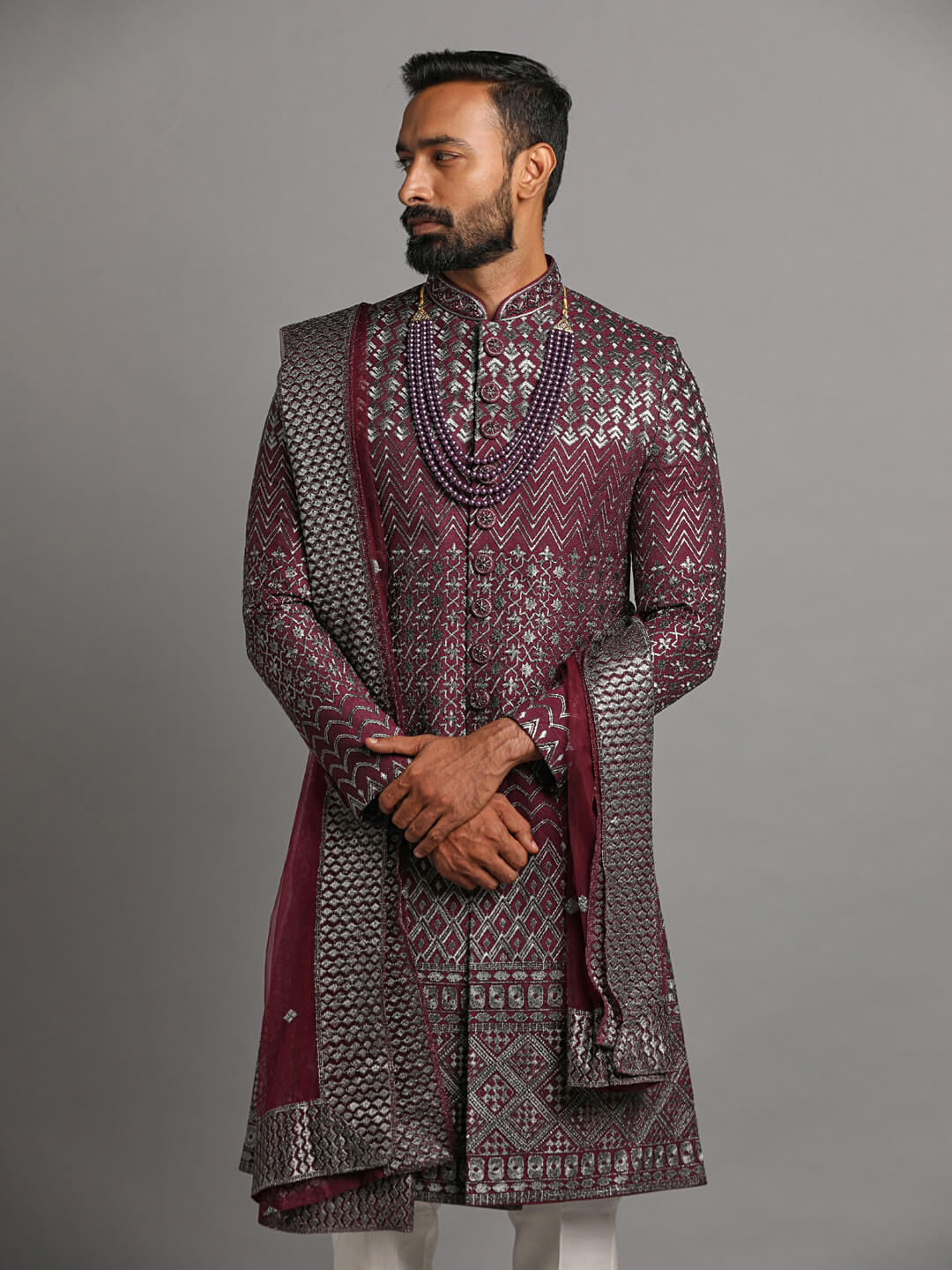 Wine Silver All Over with Dupatta Sherwani