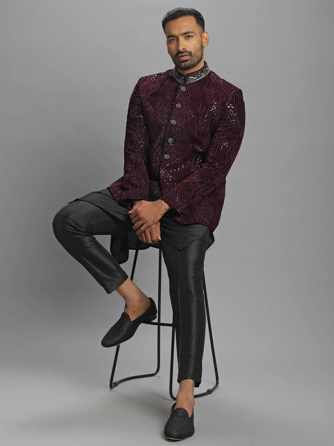 displaying image of Wine Silver Embroidery Jodhpuri