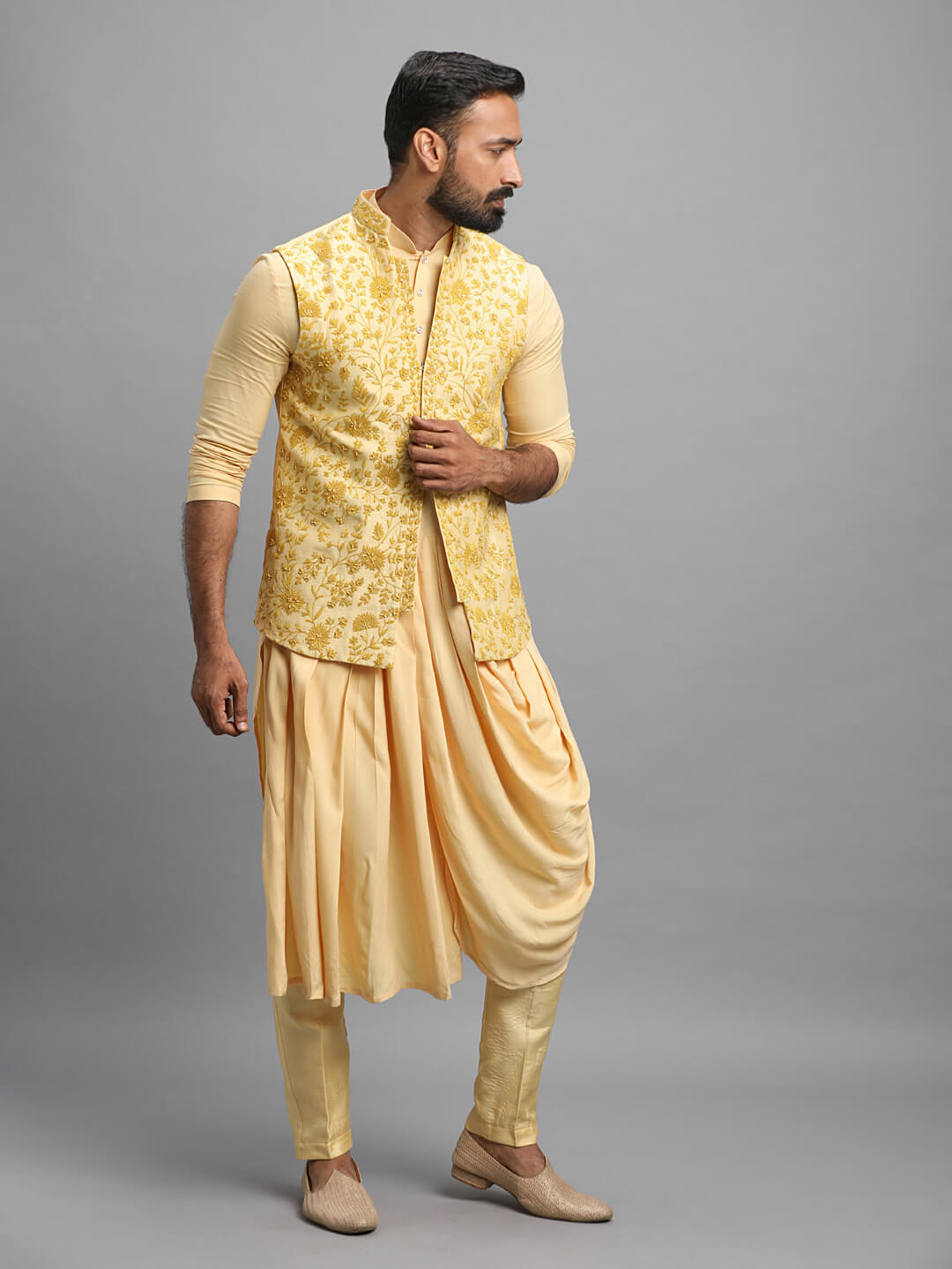 displaying image of Yellow Cowl Jodhpuri Kurta Pyjama Bandi Set