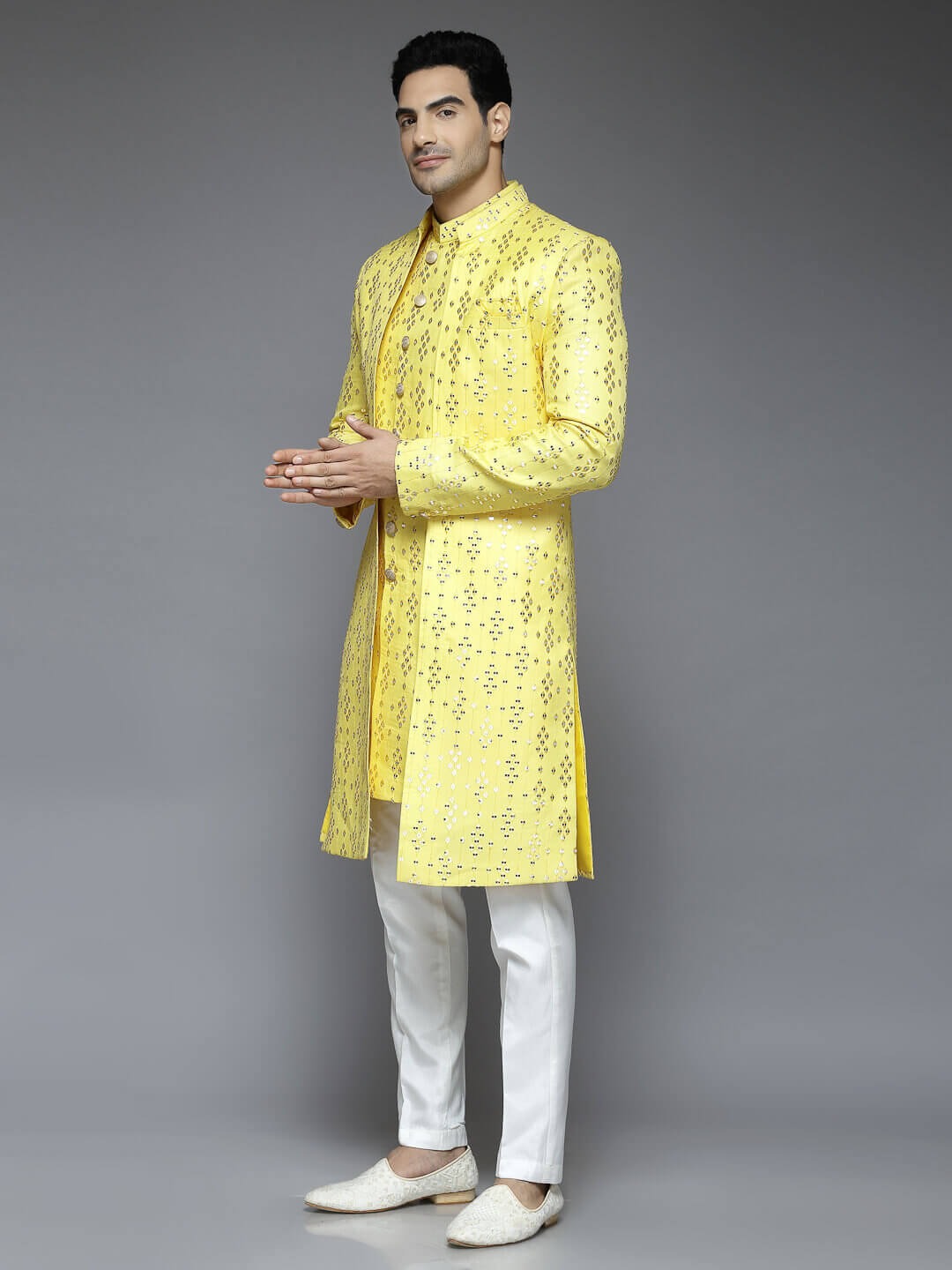 displaying image of Yellow Diamond Mirror Jacket Sherwani