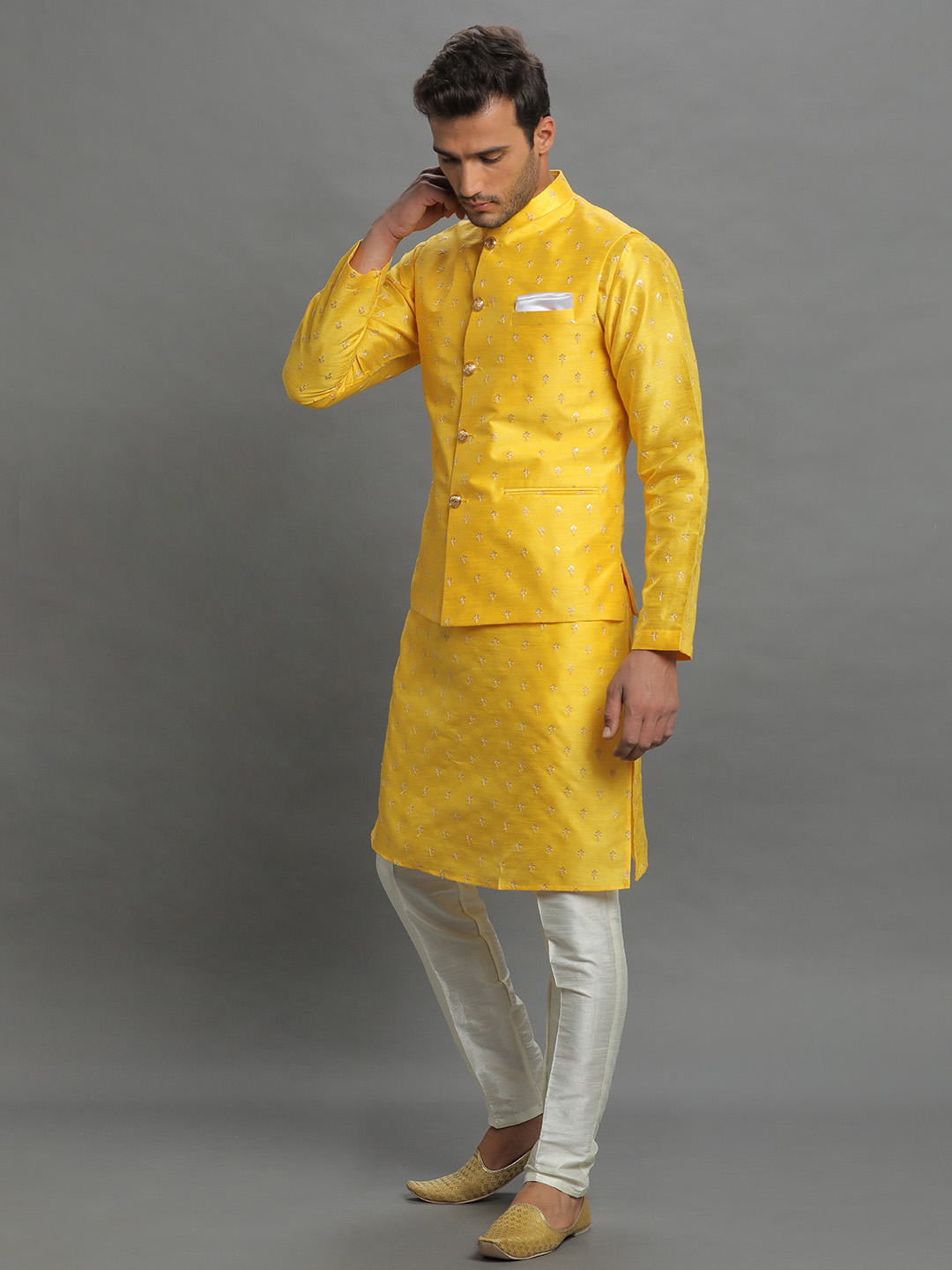 Yellow Embellished Bandi Kurta Pyjama Set