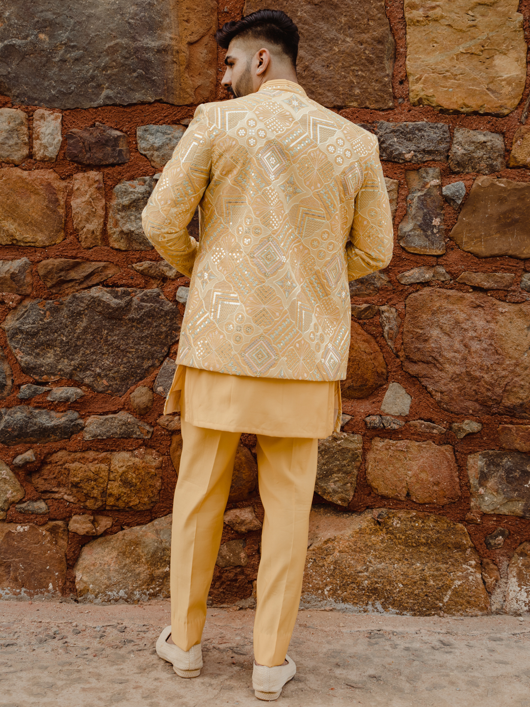 displaying image of Yellow Embroidered Heavy Bandgala Kurta Set