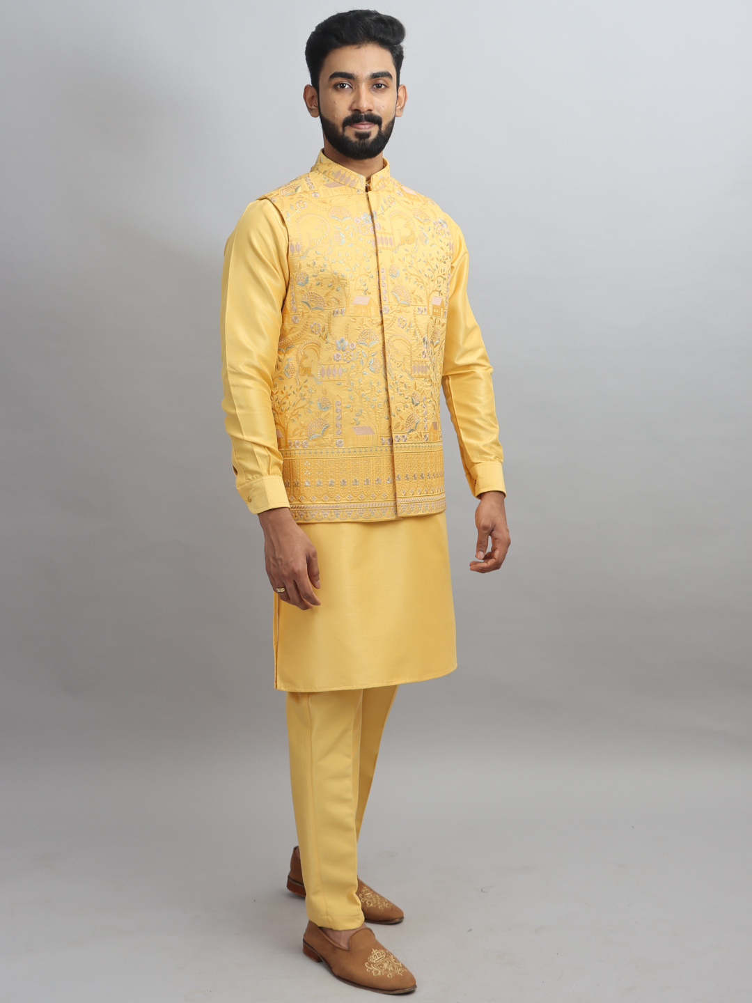 Yellow Forest Embroidered Kurta Bandi Set