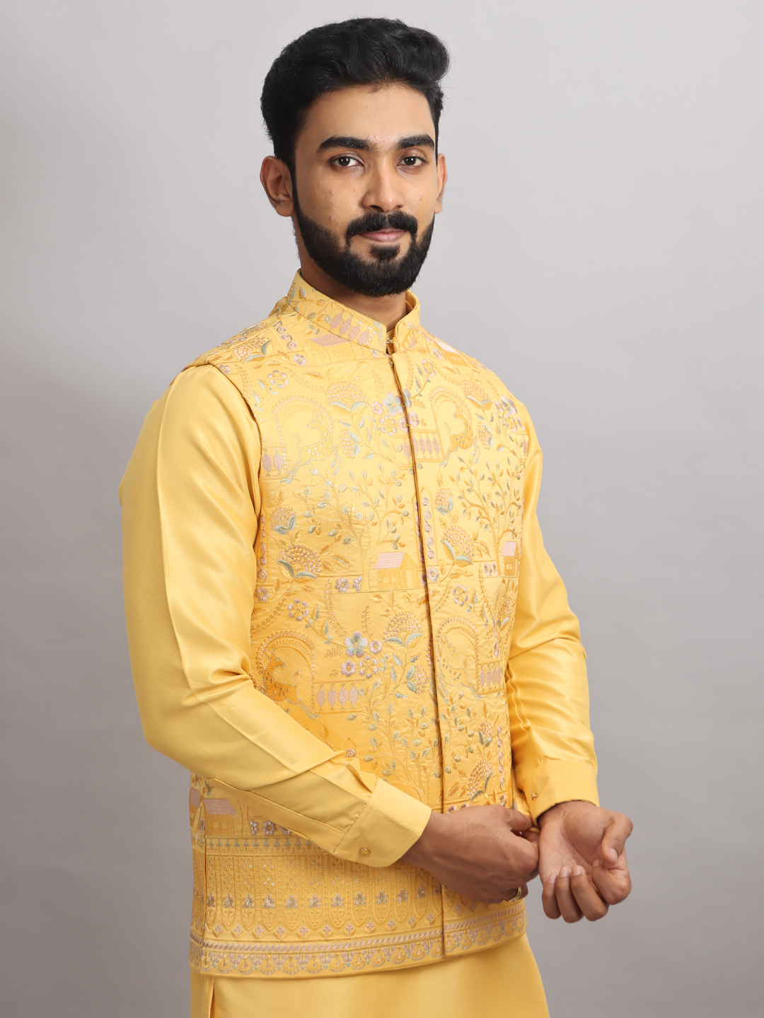 Yellow Forest Embroidered Kurta Bandi Set