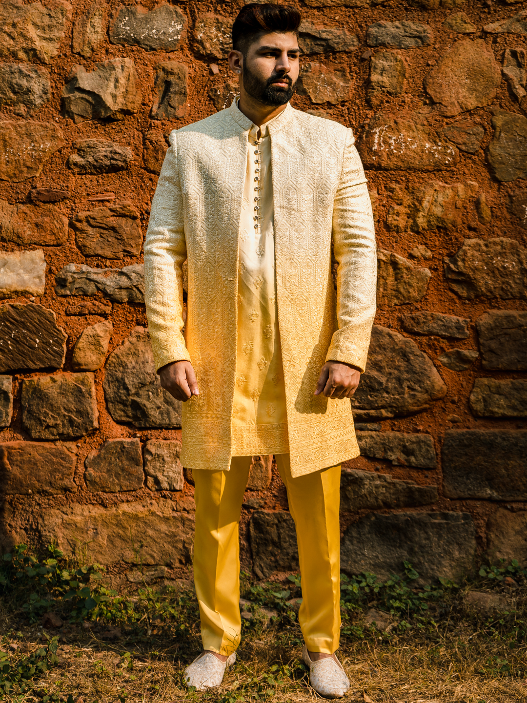 Yellow Ombre Open Jacket Indowestern