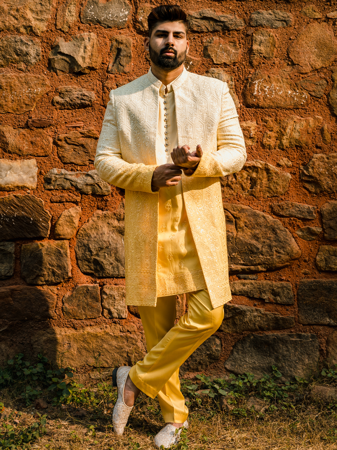 displaying image of Yellow Ombre Open Jacket Indowestern