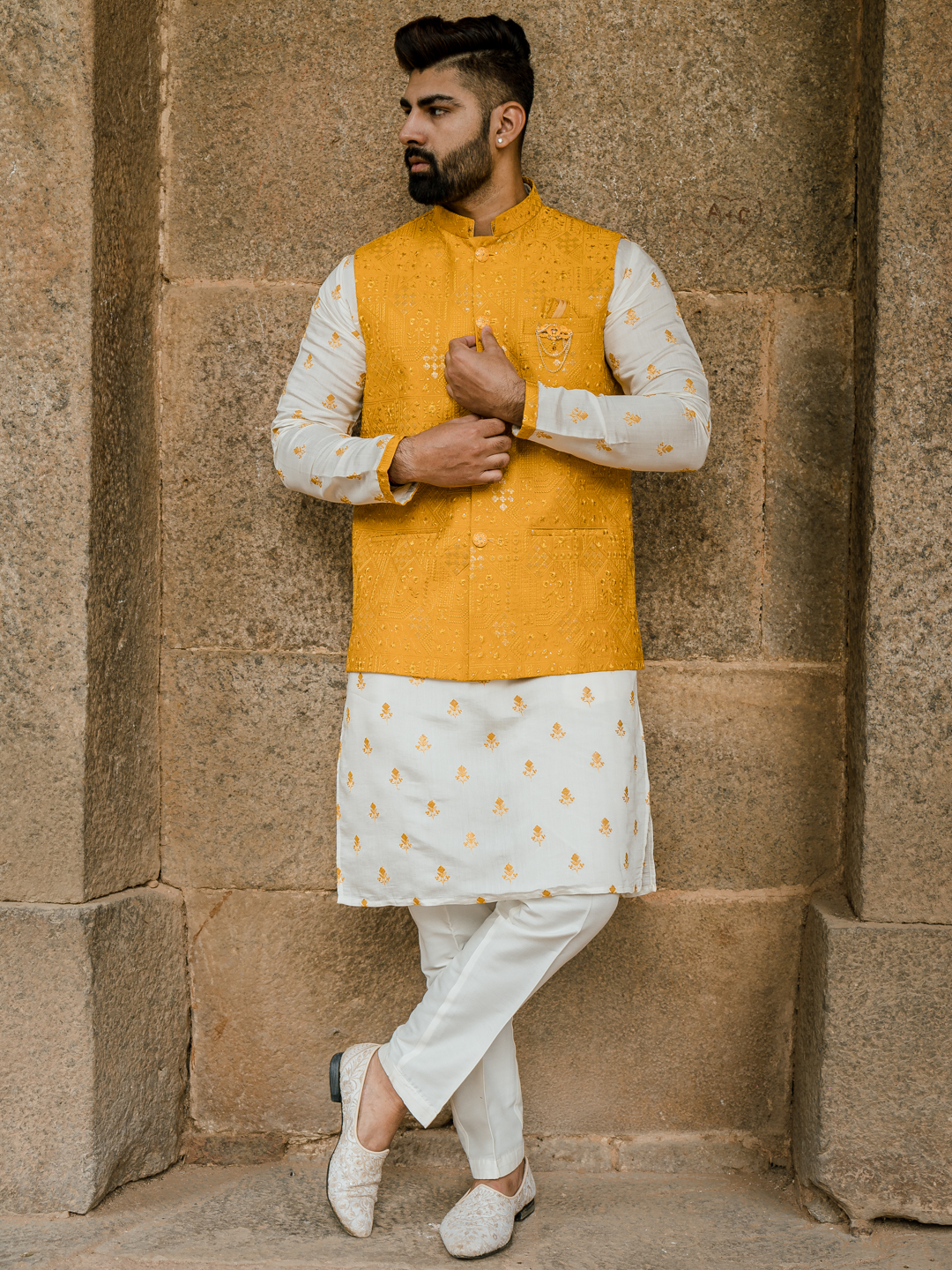 Yellow Self Embroidered Kurta Bandi Set