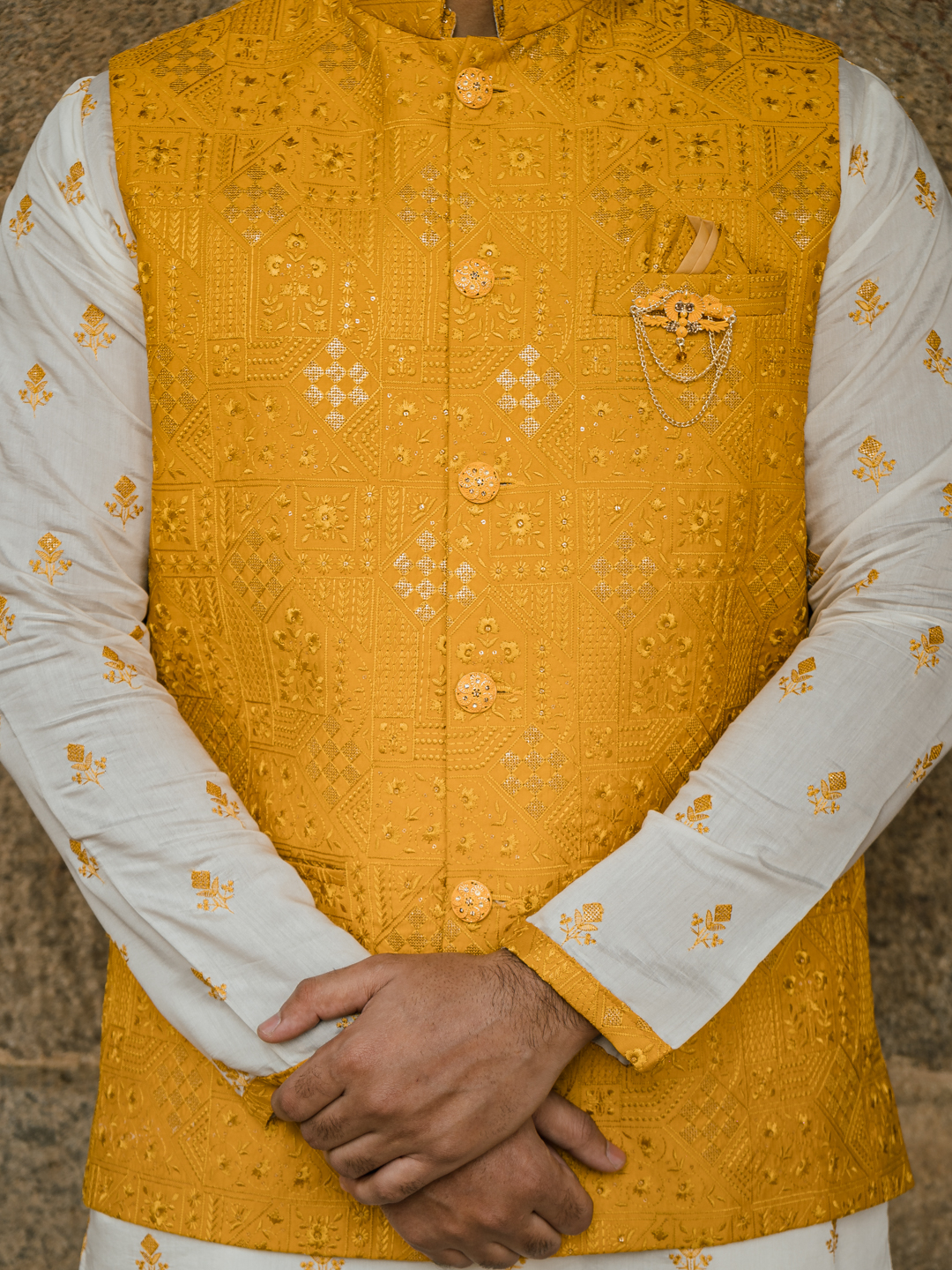 Yellow Self Embroidered Kurta Bandi Set