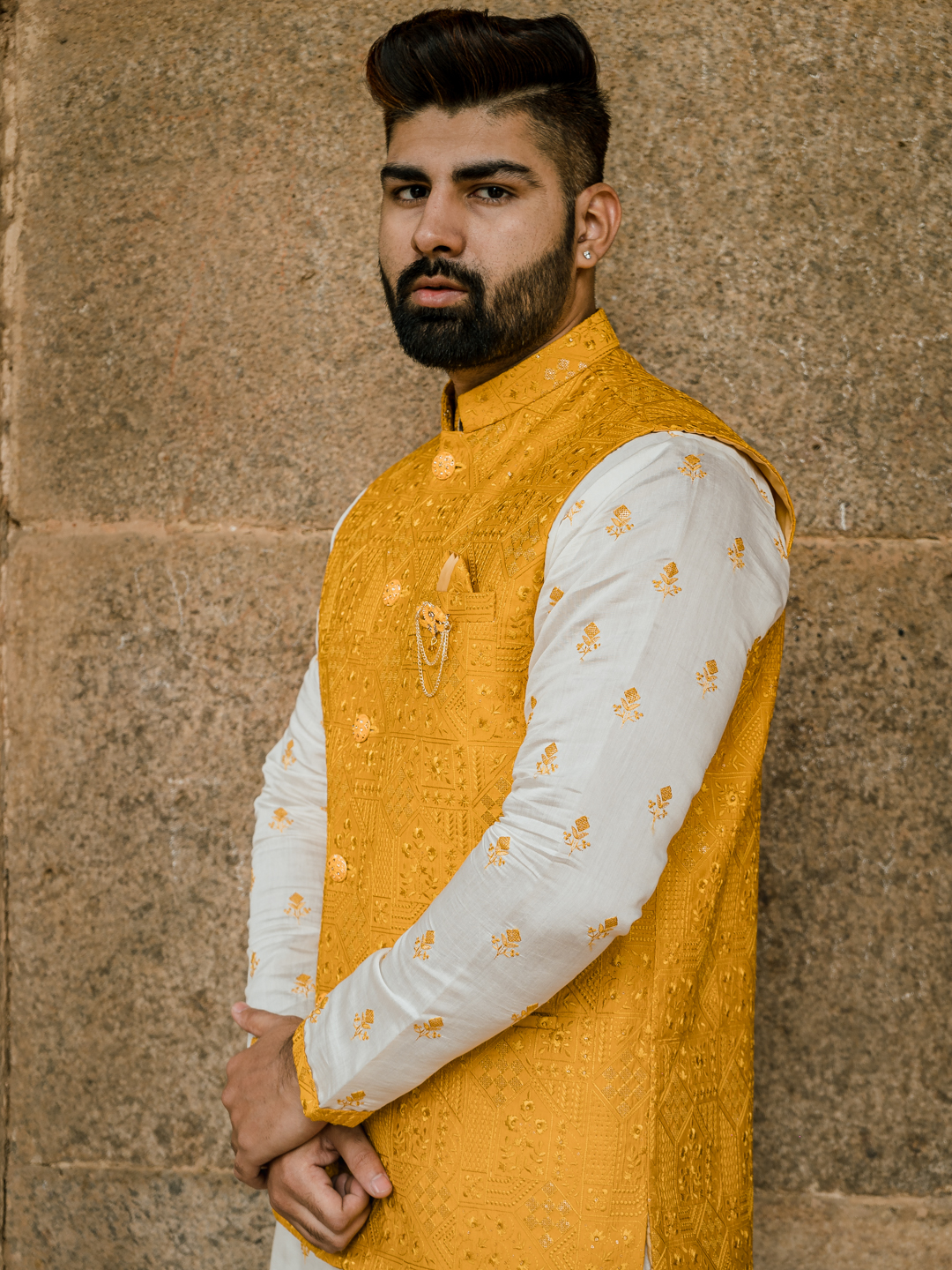 displaying image of Yellow Self Embroidered Kurta Bandi Set