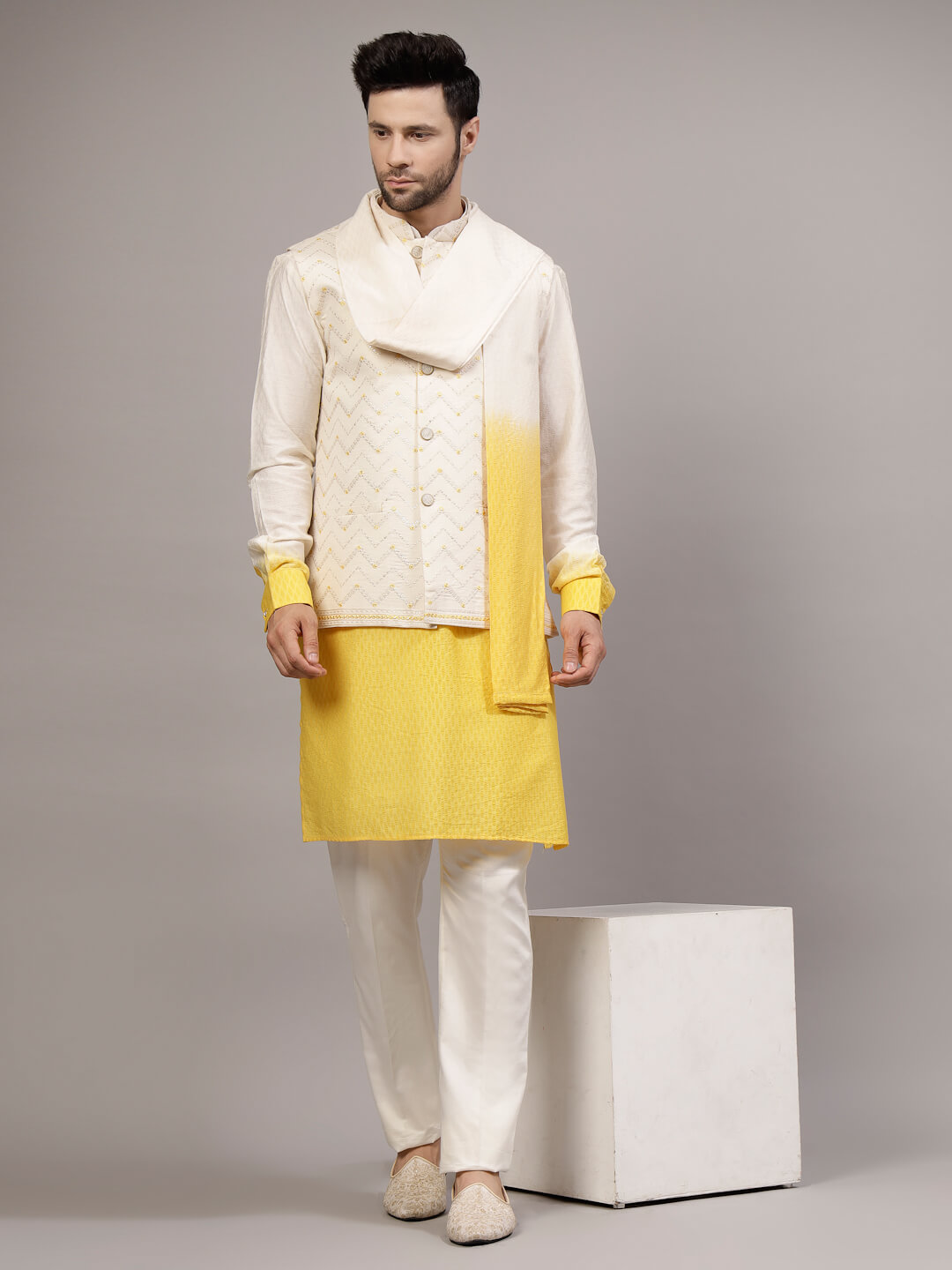 Yellow Waves Bandi Kurta Pyjama Dupatta Set