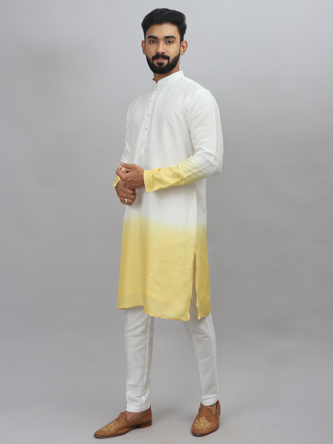 displaying image of Yellow White Ombre Kurta Bandi Set