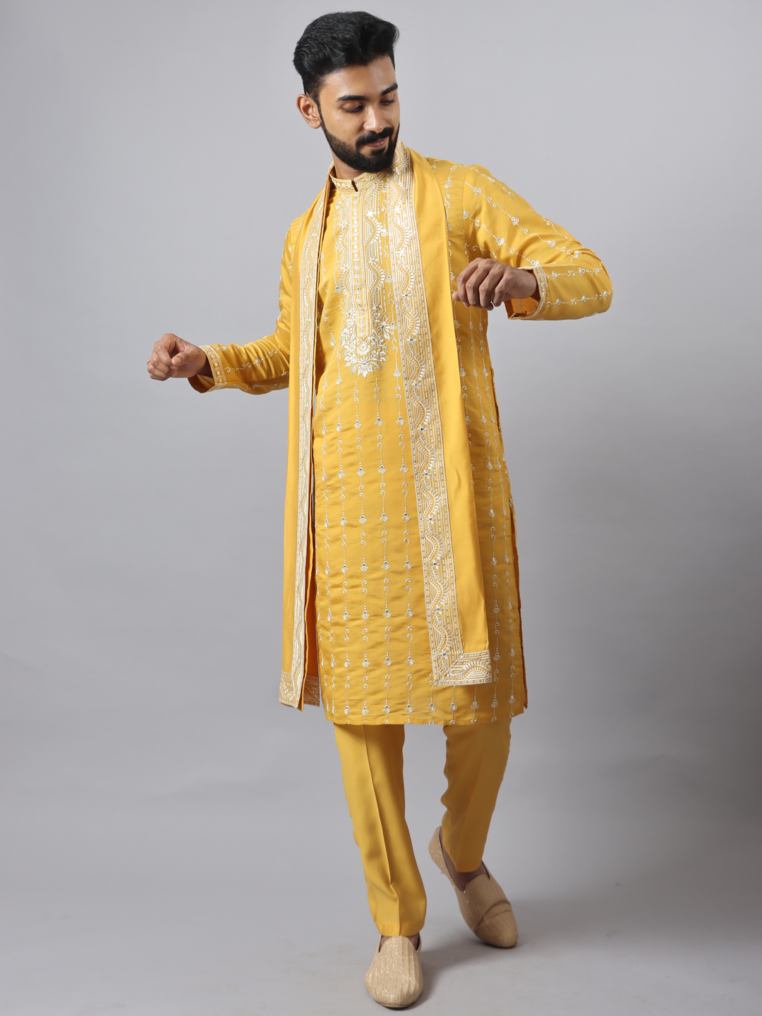 Yellow Work Kurta Pyjama Dupatta Set